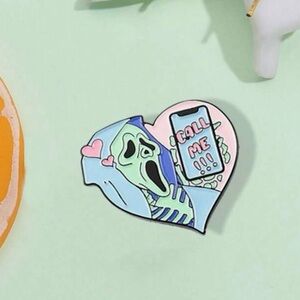 NWT Heart Shaped Blue Killer Scream Skeleton Call Me Enamel Pin Brooch Fun Gift!